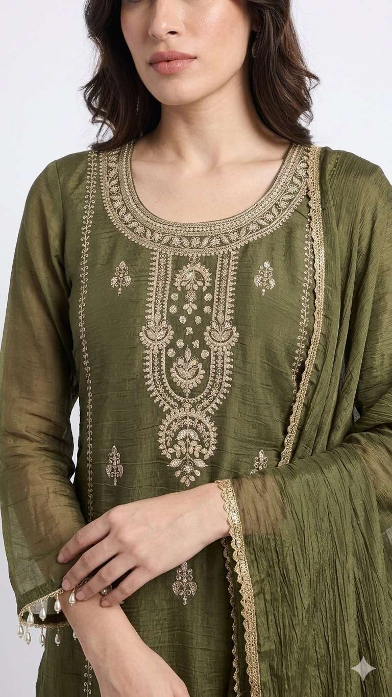 Mehendi Green Embroidered Chinon Kurta Pant and Dupatta