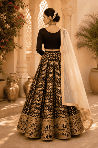 Black cotton silk blouse with ivory geometric printed gota lace lehenga paired with an ivory embroidered organza dupatta