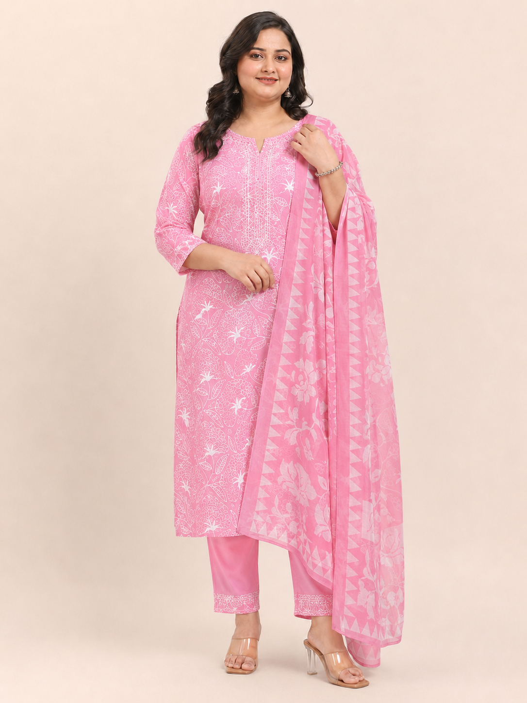 Pink Block Printed Cotton Kurta Pant With Dupatta