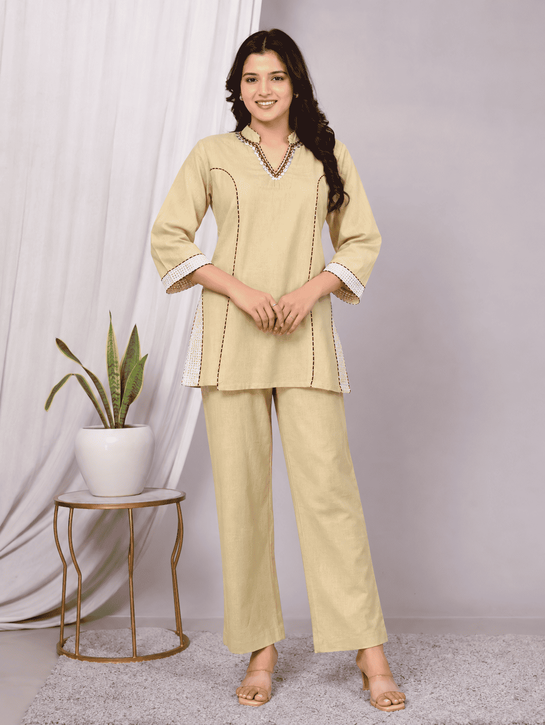 Off-White Embroidered Cotton Flex Co-ord Set