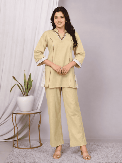 Off-White Embroidered Cotton Flex Co-ord Set