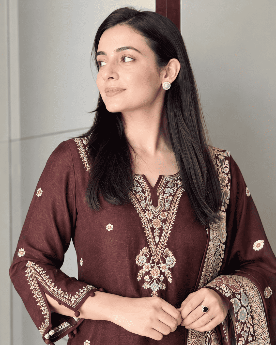 Wine Embroidered Dola Silk Kurta and Pant with dupatta