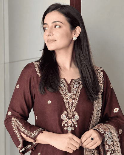 Wine Embroidered Dola Silk Kurta and Pant with dupatta