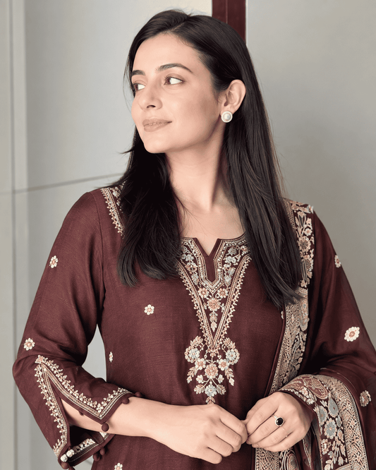 Wine Embroidered Dola Silk Kurta and Pant with dupatta
