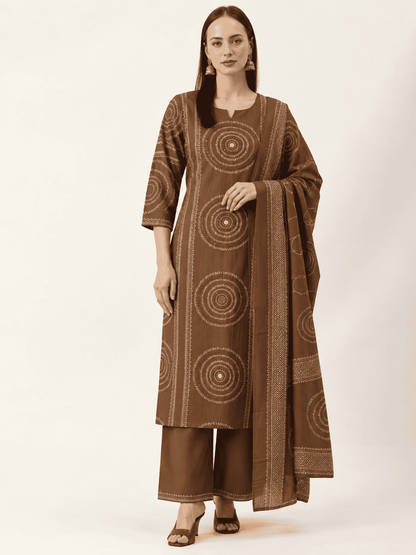 Brown Printed Cotton Kurta and pant with dupatta