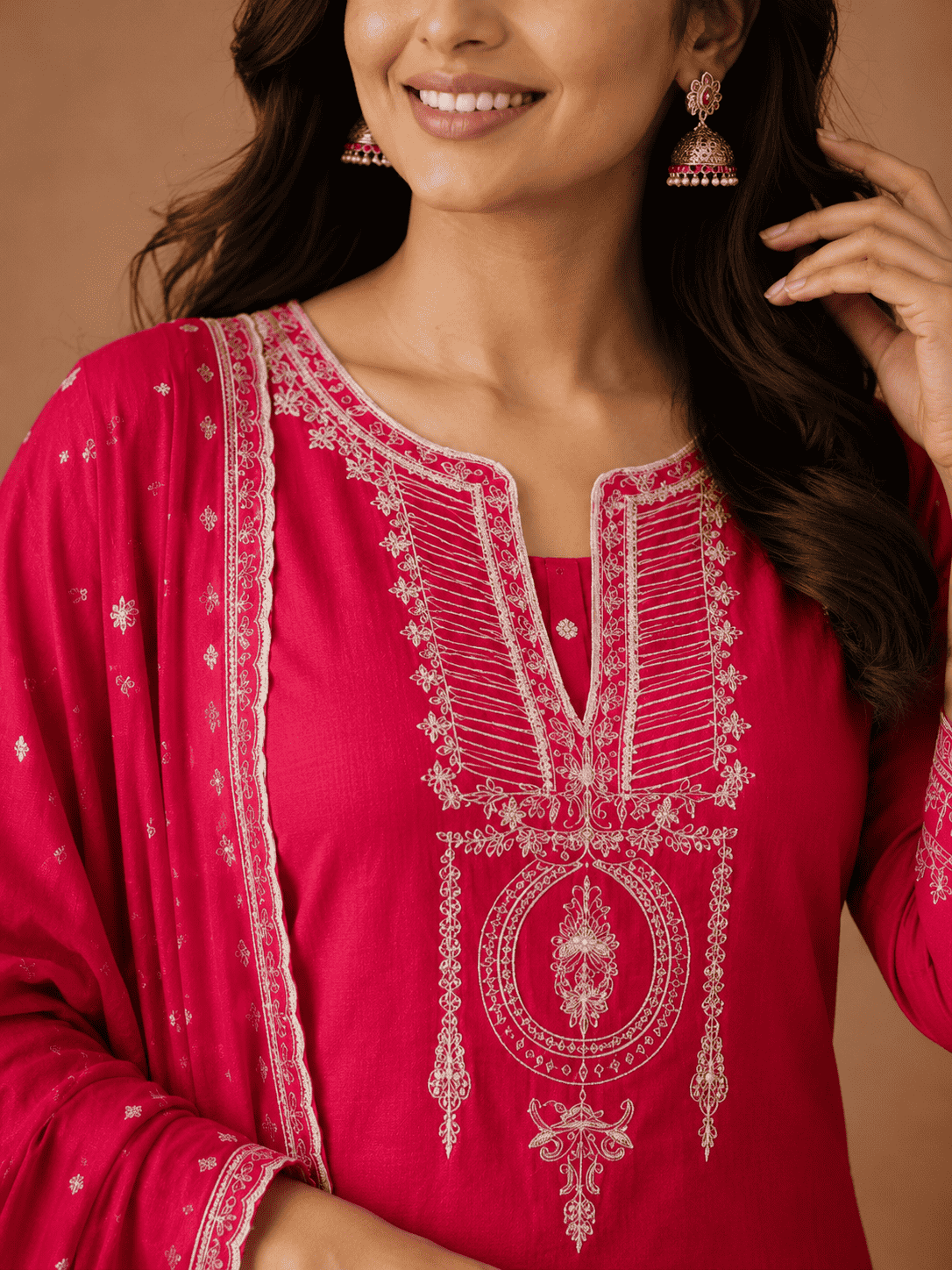 Hot pink cotton  embroidered kurta pant set with dupatta