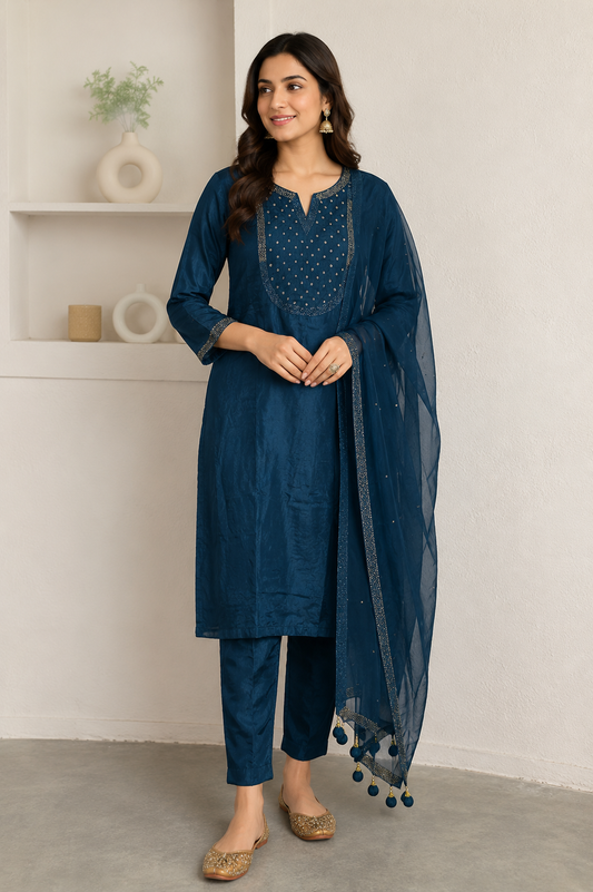 Teal Blue Mul Chanderi Embroidered Kurta and Pant with Dupatta