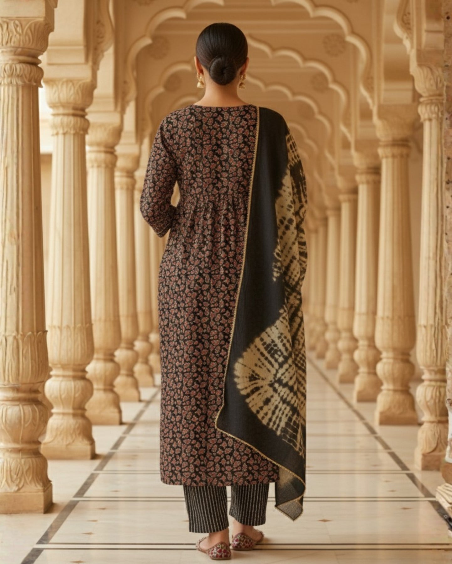 Black Printed Cotton Kurta Set With Tie And Dye Dupatta