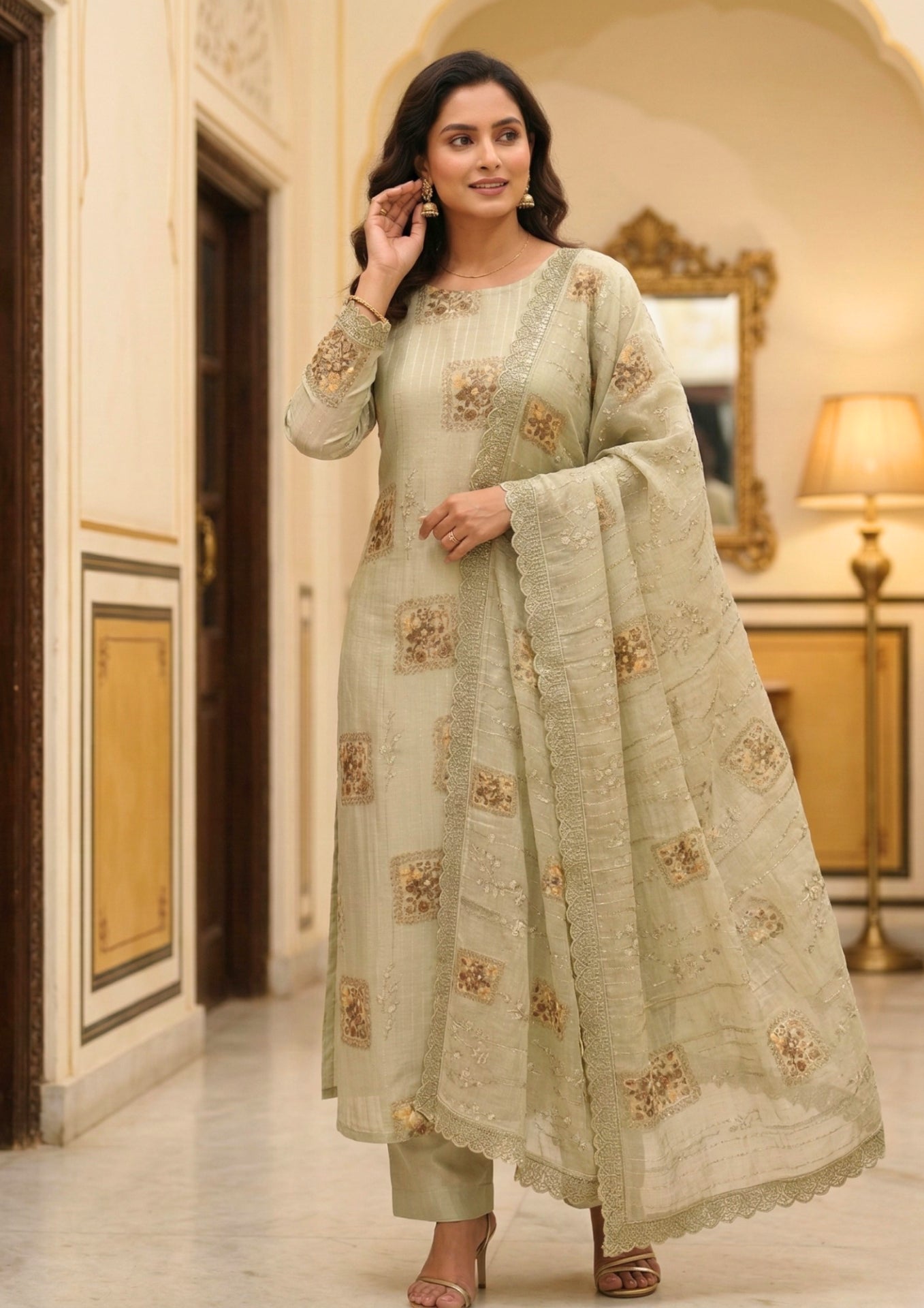 Unstitched Soft Sage Green Organza Suit With Subtle Vertical Thread Embroidery Detailing