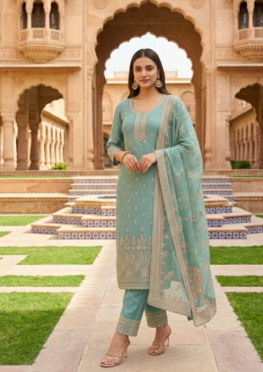 Semi-Stitched Light Aqua Pure Organza Suit With Delicate Zari–Resham Thread Embroidery