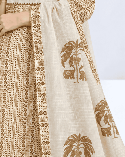 Off White in mustard tone printed cotton kurta and pant with dupatta