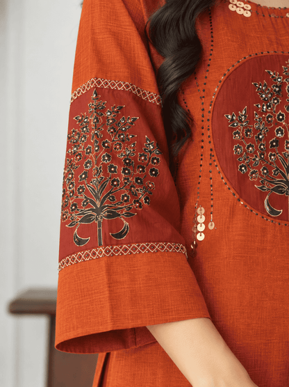 Orange and Maroon Embroidered kurta and pant with dupatta