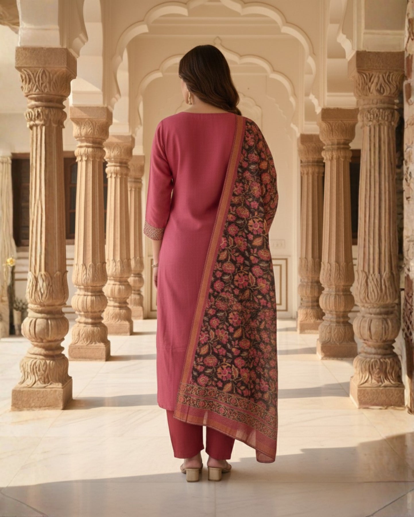Dusty Coral Pink Cotton Mix Kurta Set  With Sequin Border And Dupatta