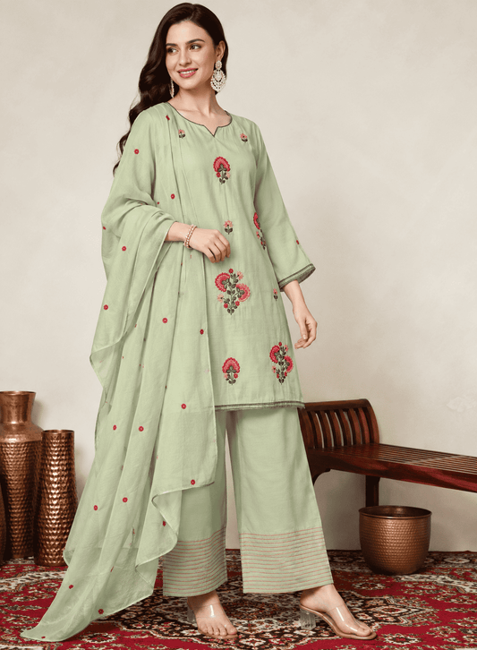 Mint Green Embroidered Mul Chanderi Kurta and pant with Dupatta