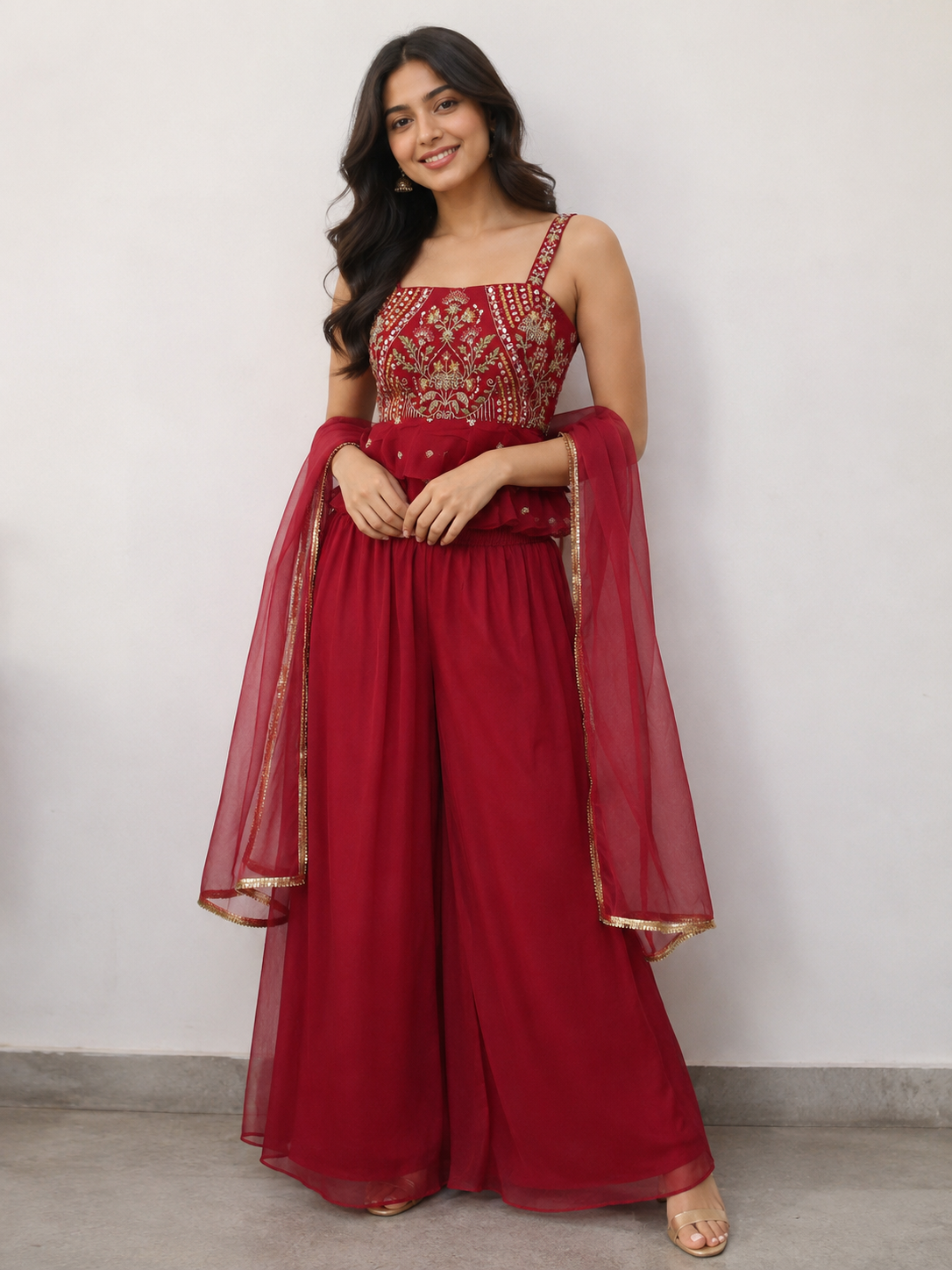 Pink Silk Blend Embroidered Peplum Short Kurta and Wide Palazzo Pants with Dupatta and Belt