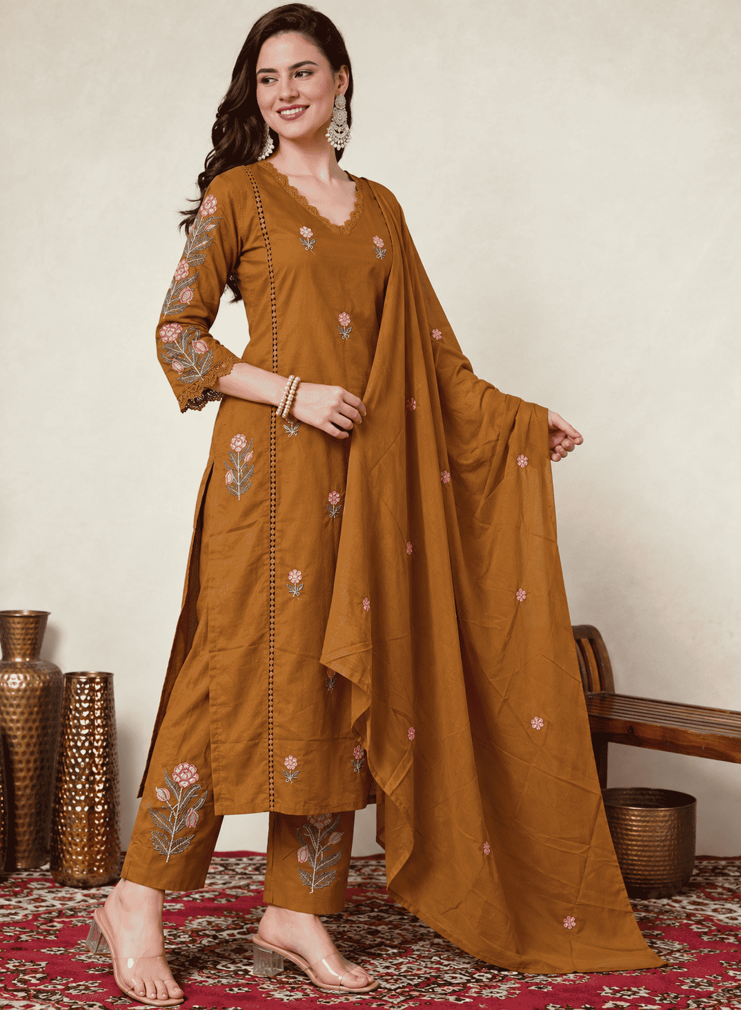 Mustard Embroidered Mul Cotton Kurta and Pant with Dupatta