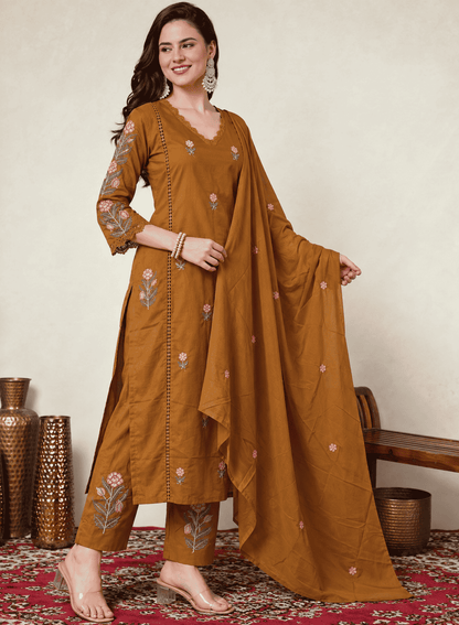 Mustard Embroidered Mul Cotton Kurta and Pant with Dupatta
