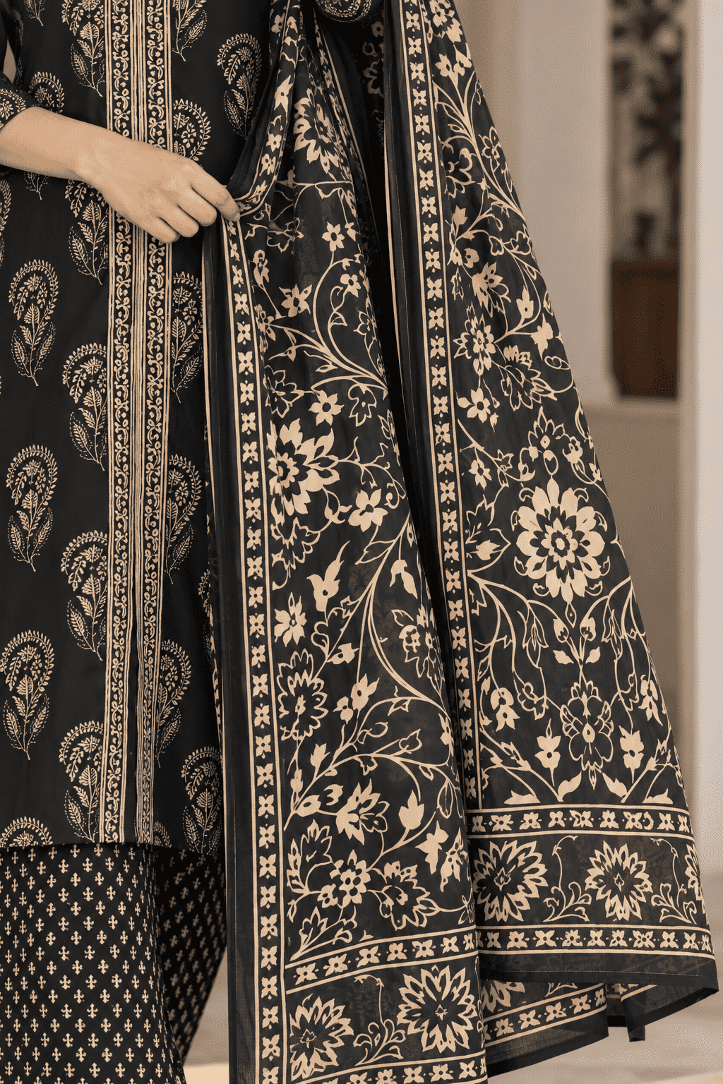 Black Printed Cotton Blend Kurta Pant and Dupatta