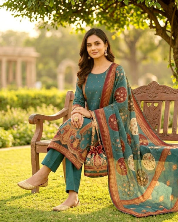 Premium Chinon Crepe Teal With Mirror Work Kurta Set With Dupatta