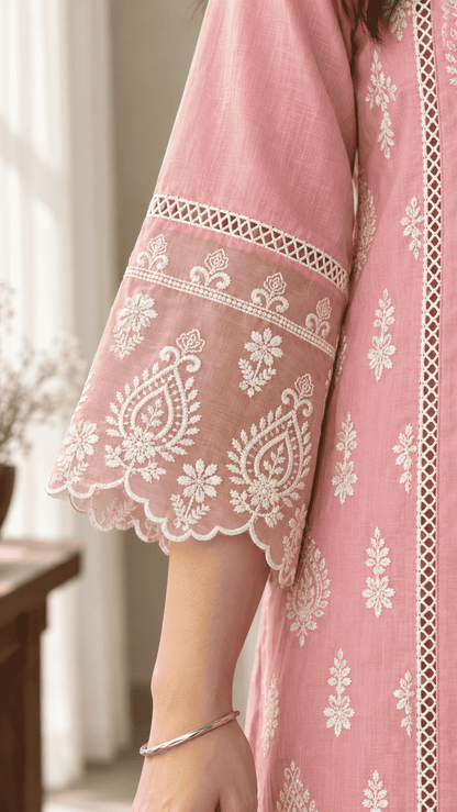 Pink Chikankari Embroidered Mul Cotton Kurta Pant With Dupatta