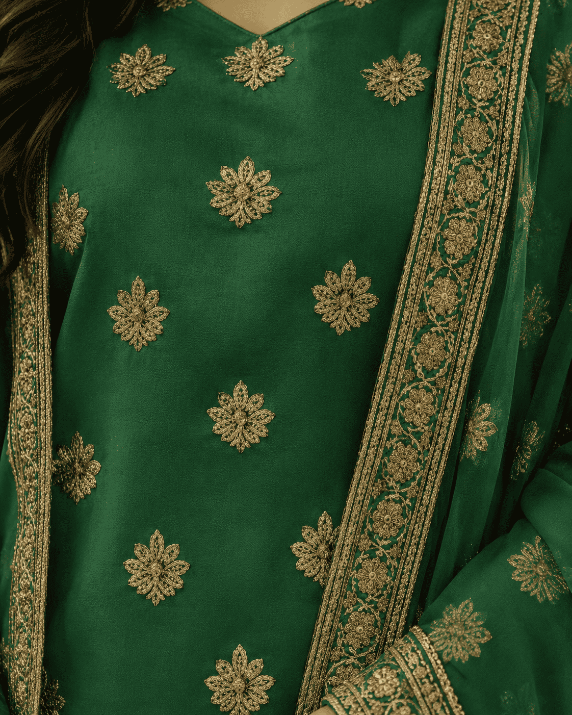 Unstitched Green Shimmer Silk-Blend Embroidered Suit Material