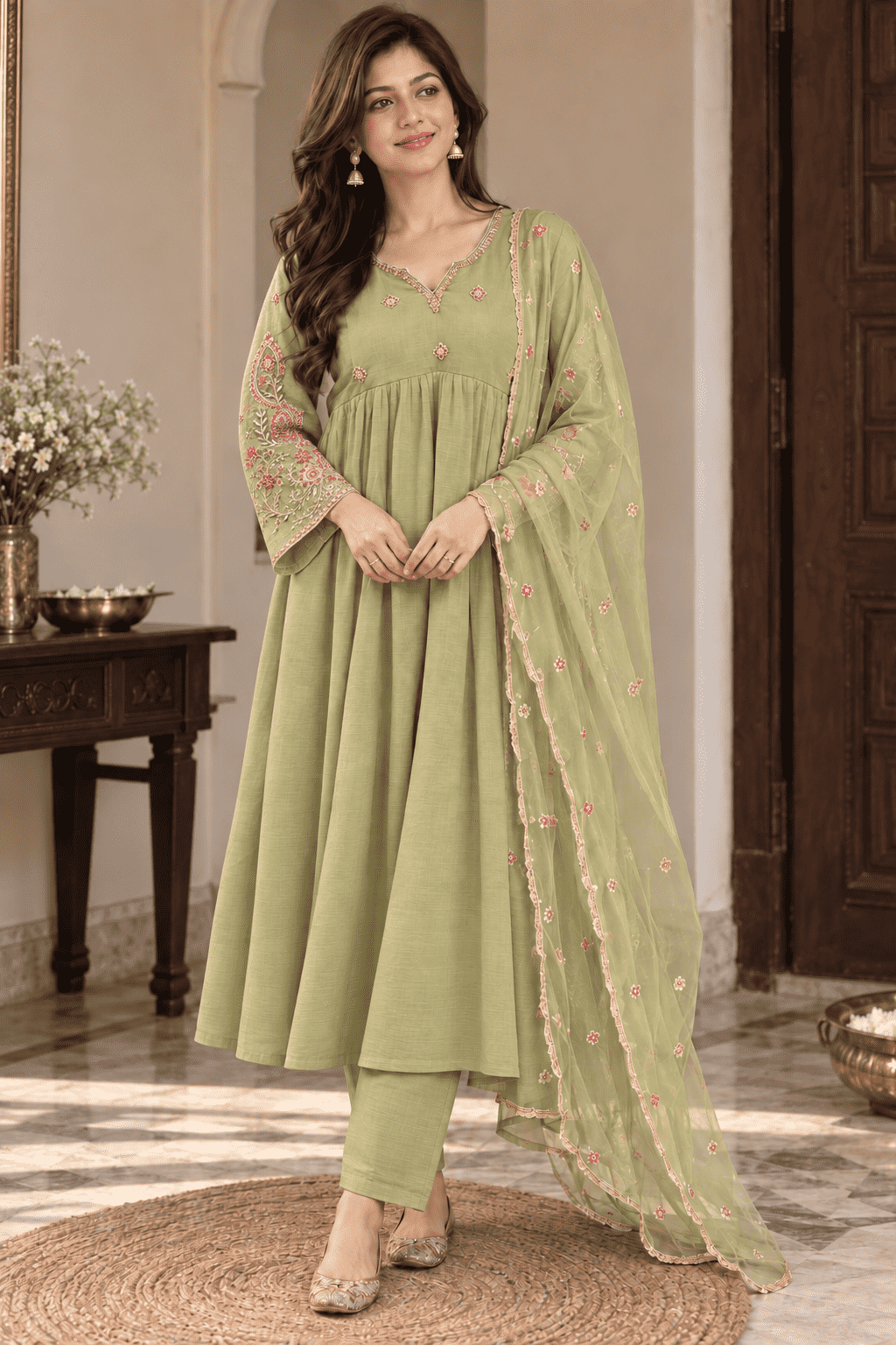 Green silk blend with embroidery kurta pant with net dupatta