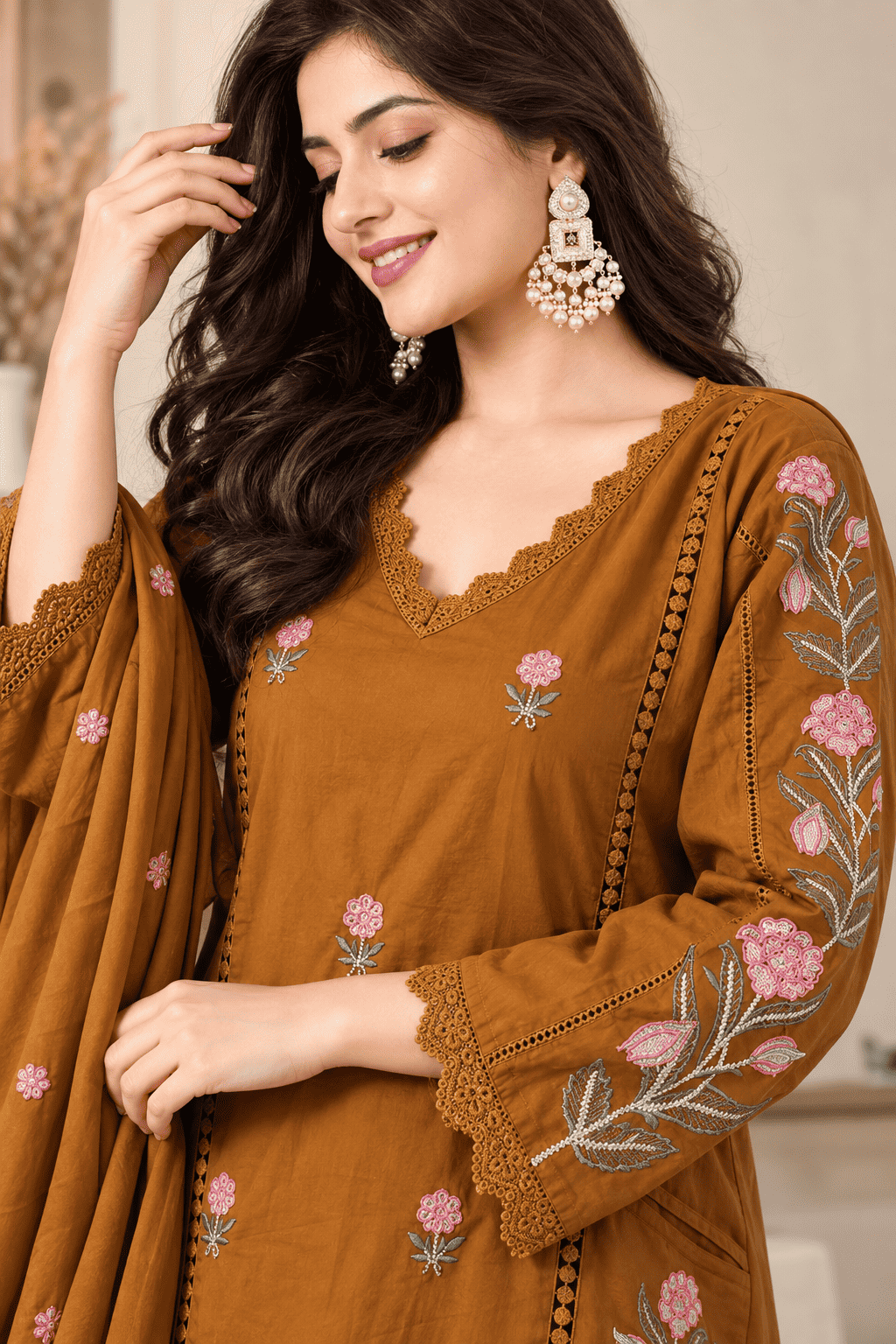 Mustard Embroidered Mul Cotton Kurta and Pant with Dupatta
