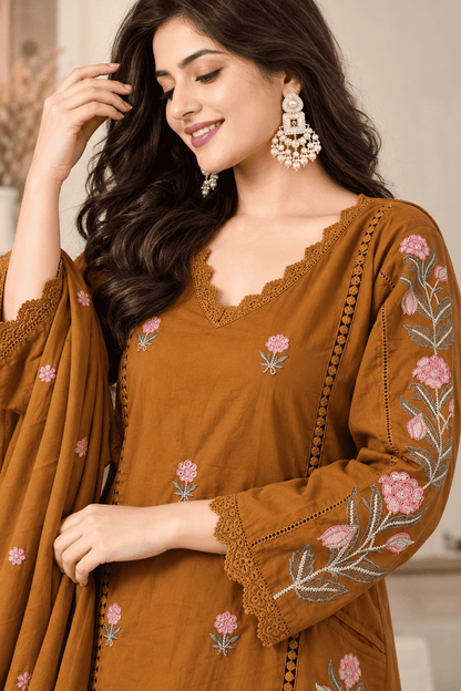 Mustard Embroidered Mul Cotton Kurta and Pant with Dupatta