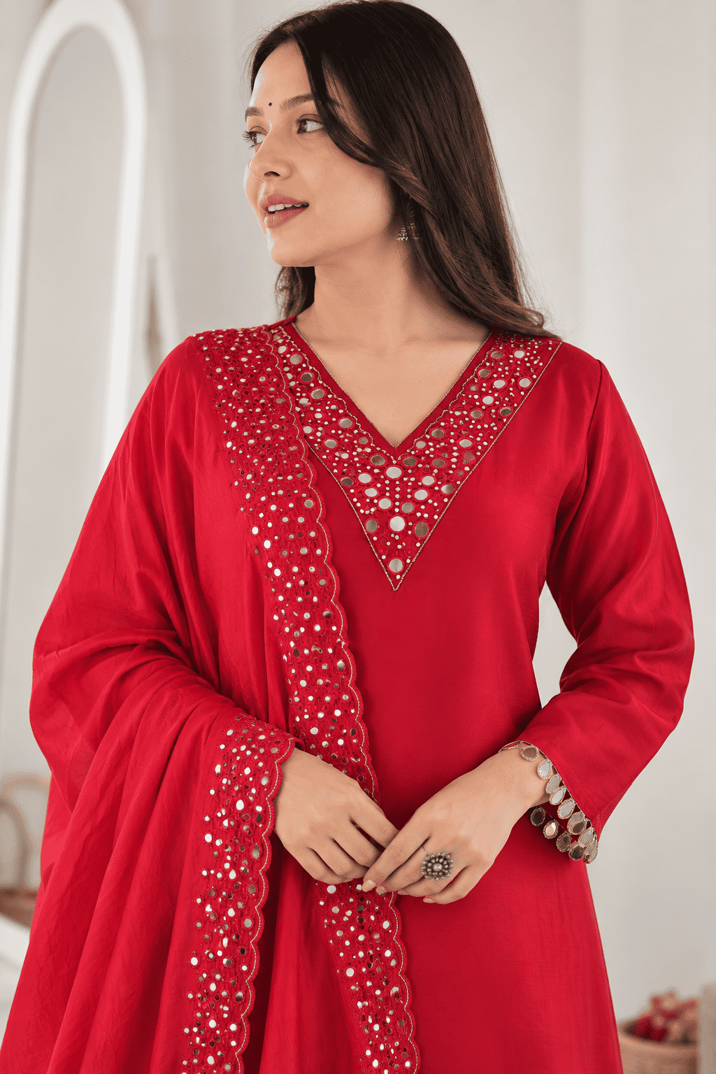 Red Embroidered Roman Glass Silk Kurta Pant and Dupatta