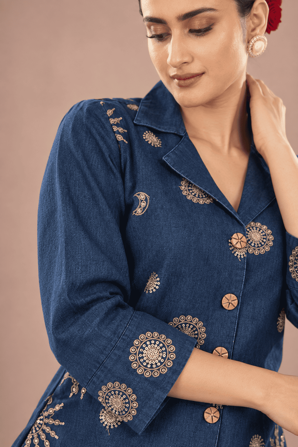 Navy Blue Embroidered Denim Co-ord Set