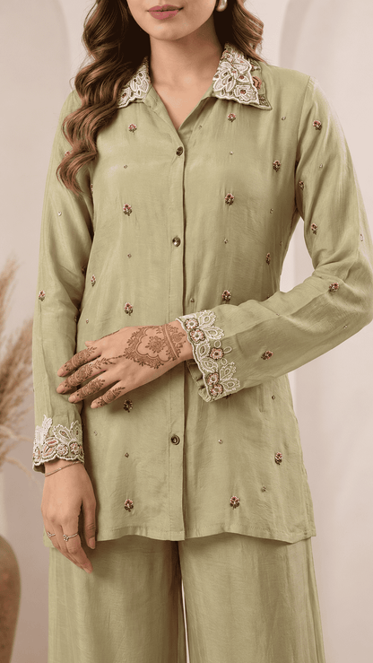 Ivory Floral Embroidered Chinon Kurta Sharara Set
