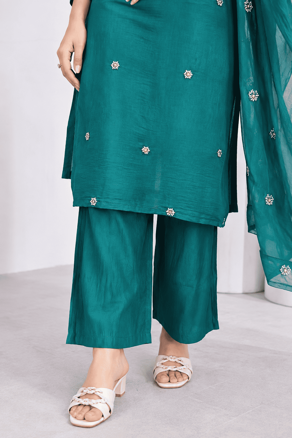 Deep Teal Embroidered Rayon Kurta Pant and Dupatta