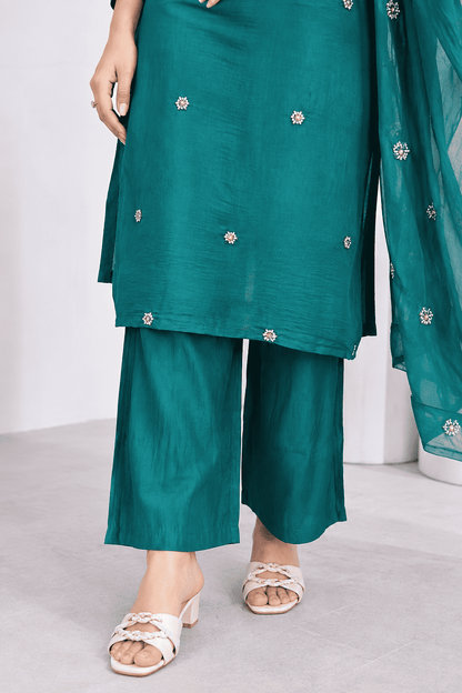 Deep Teal Embroidered Rayon Kurta Pant and Dupatta