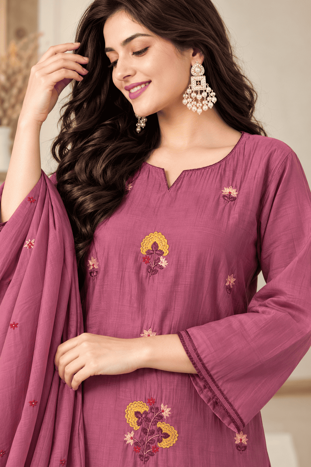 Light Purple Embroidered Mul Chanderi Kurta and pant with Dupatta