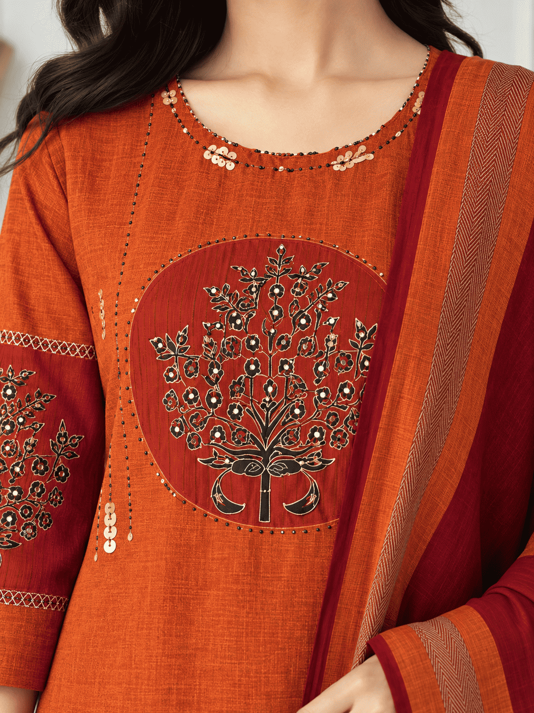 Orange and Maroon Embroidered kurta and pant with dupatta