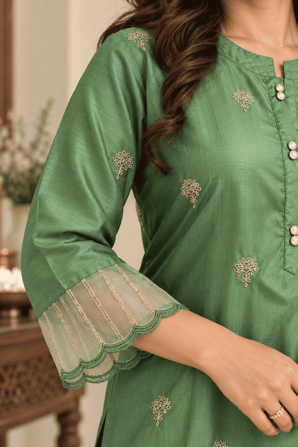 Green Silk Blend Embroidered Kurta Pant and Dupatta Set
