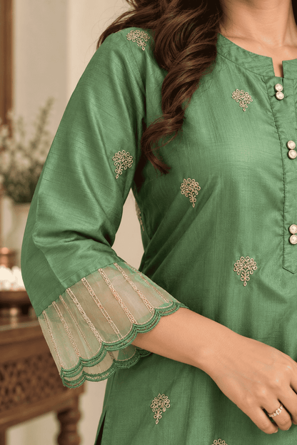 Green Silk Blend Embroidered Kurta Pant and Dupatta Set