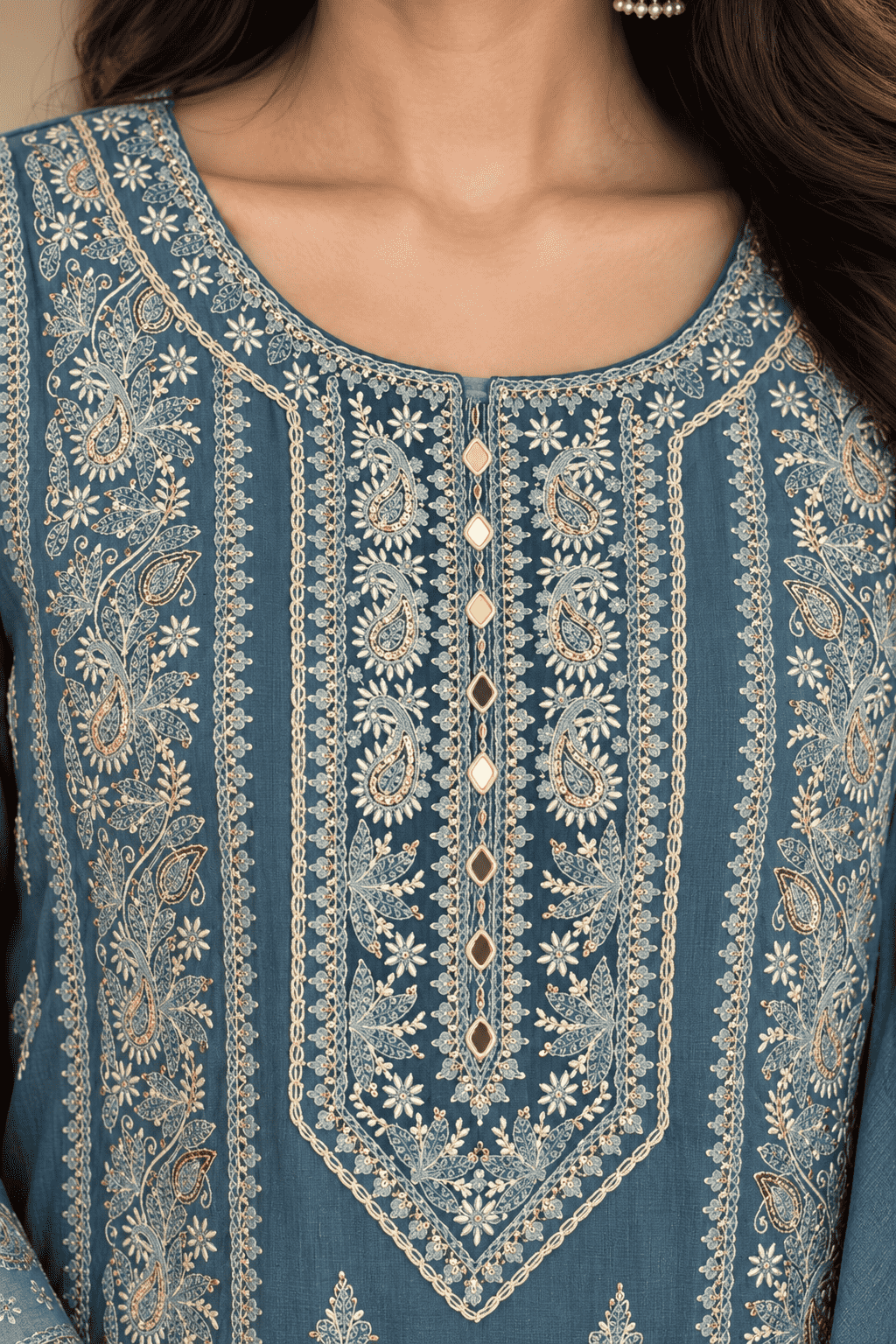 Dusty Blue Embroidered Cotton Kurta Pant and Dupatta