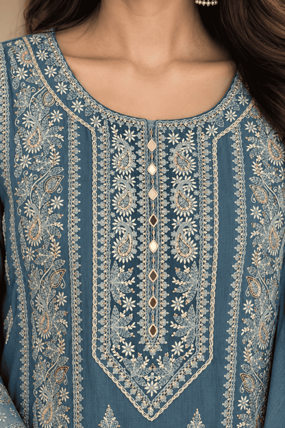 Dusty Blue Embroidered Cotton Kurta Pant and Dupatta