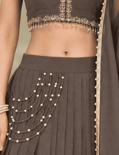 Dark Grey Shimmer Organza Blouse and Pleated Lehenga with Dupatta