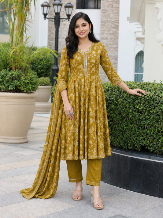 Mustard Yellow Cotton Blend Printed Anarkali Kurta and Pant with Dupatta