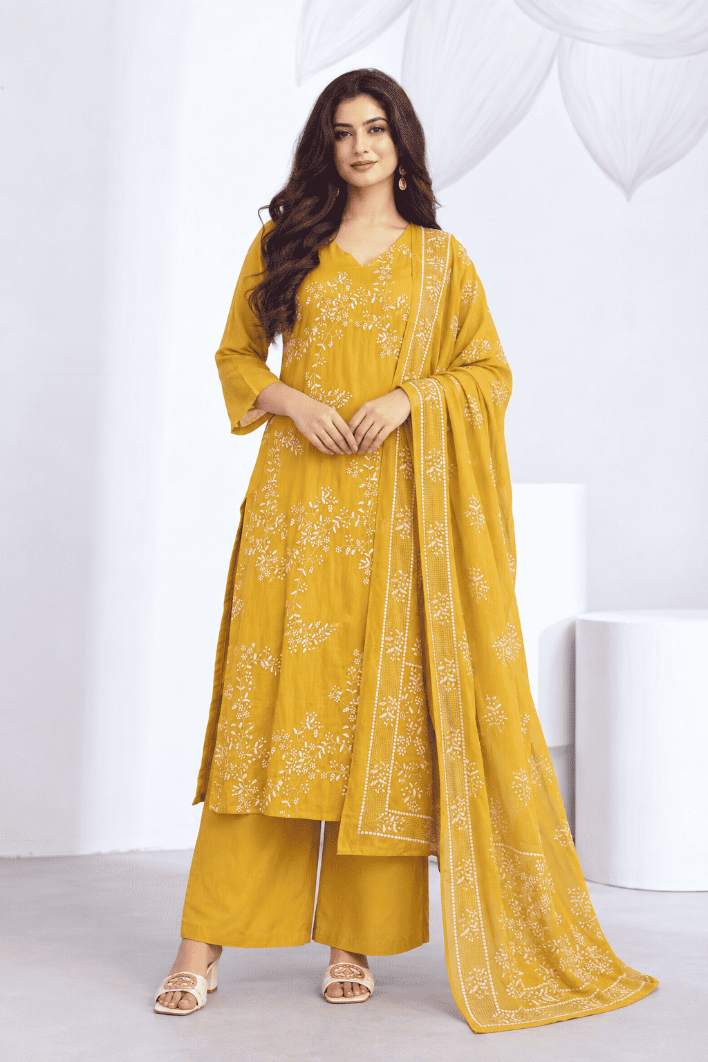 Yellow Floral Embroidery Mul Chanderi Kurta Set with Dupatta
