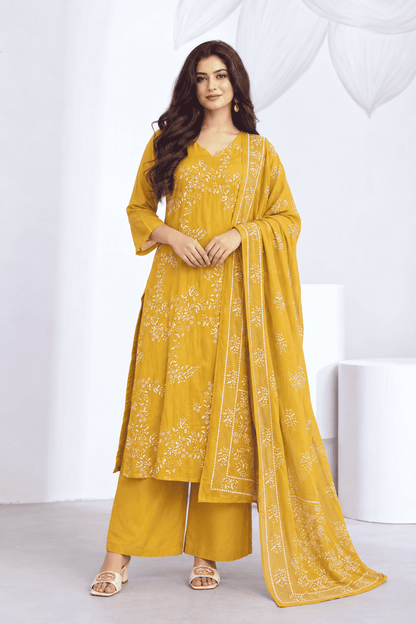 Yellow Floral Embroidery Mul Chanderi Kurta Set with Dupatta