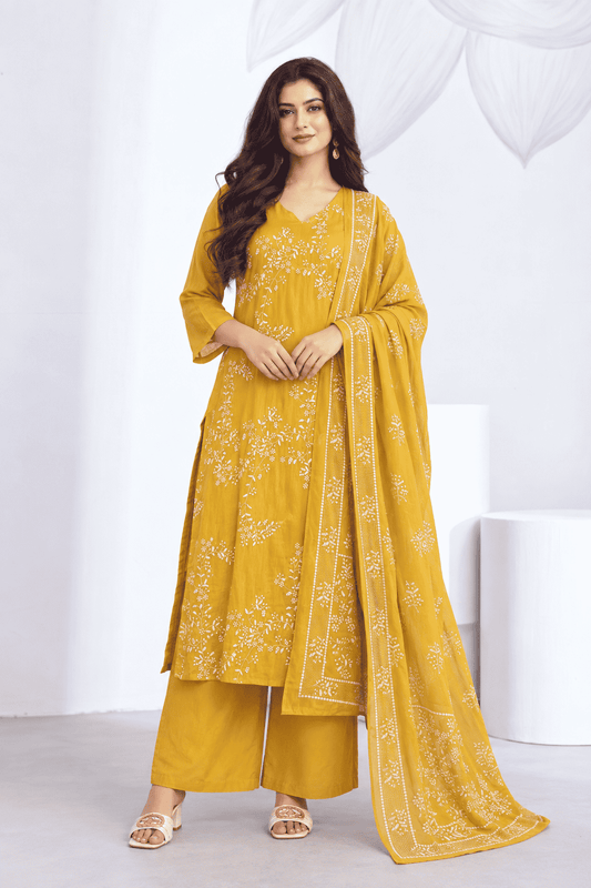 Yellow Floral Embroidery Mul Chanderi Kurta Set with Dupatta