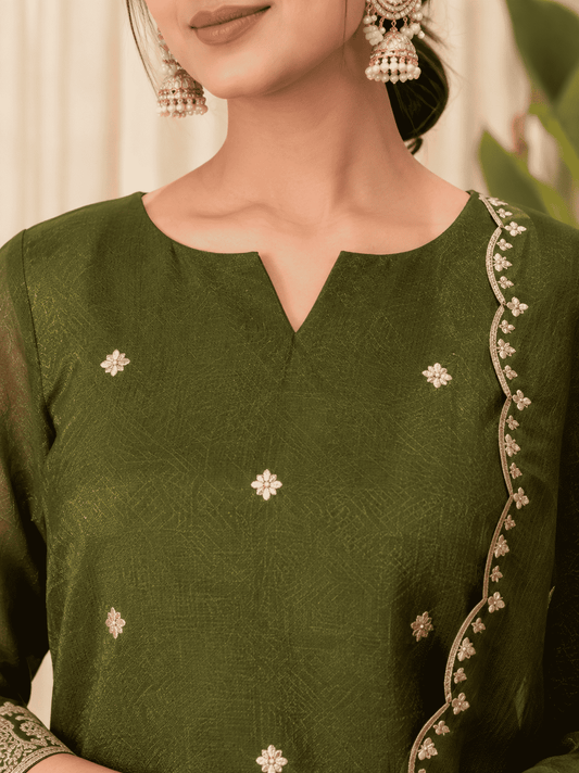 Mehendi Green Rangoli Crush Embroidered Kurta and Wide Palazzo with Dupatta