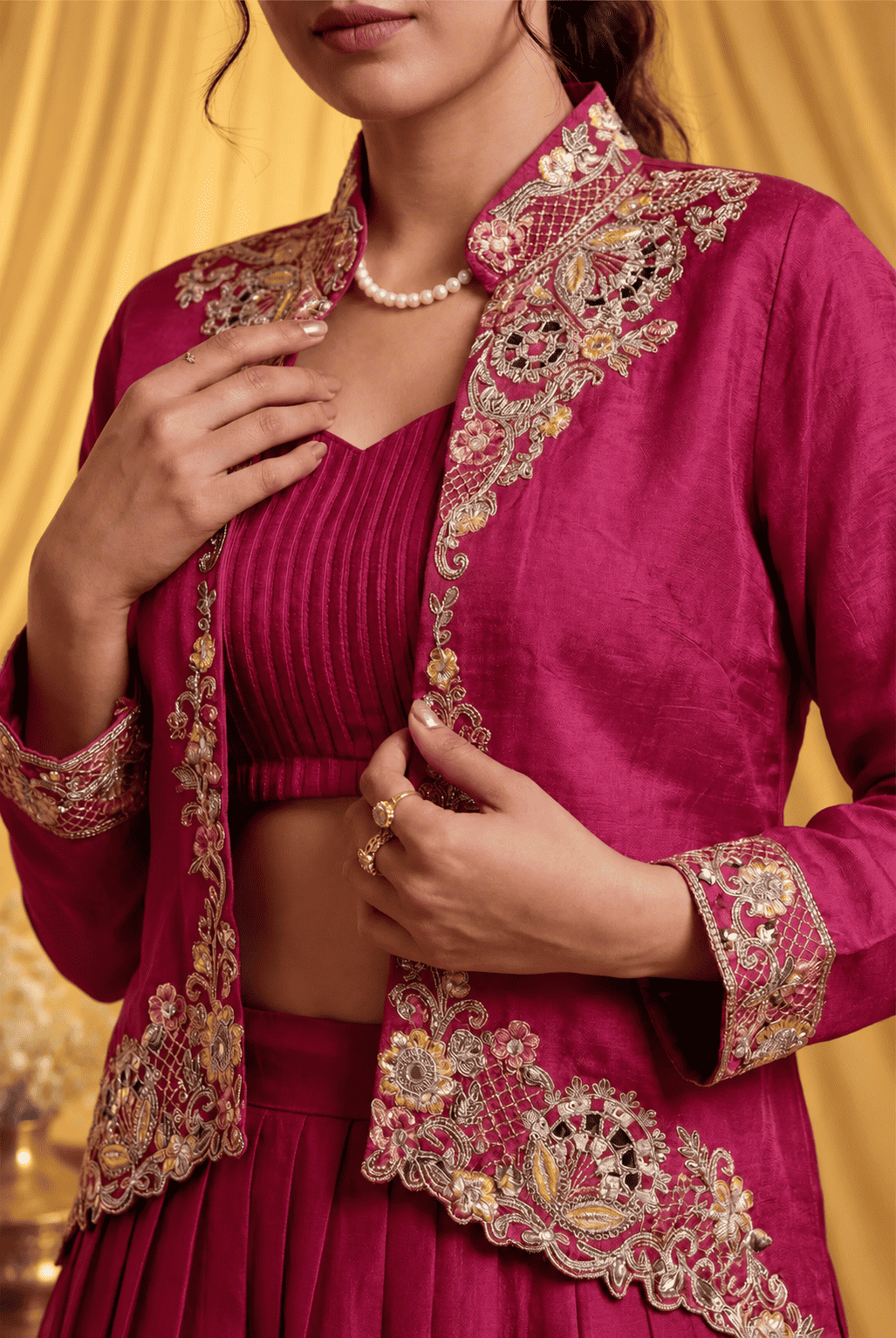 Red silk blend with embroidery jacket lehenga set