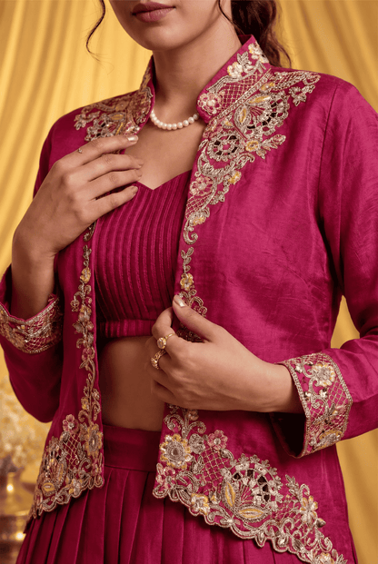 Red silk blend with embroidery jacket lehenga set