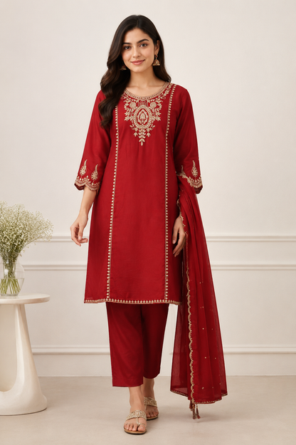 Rust Red Silk Blend Embroidered Kurta and Pant with Dupatta