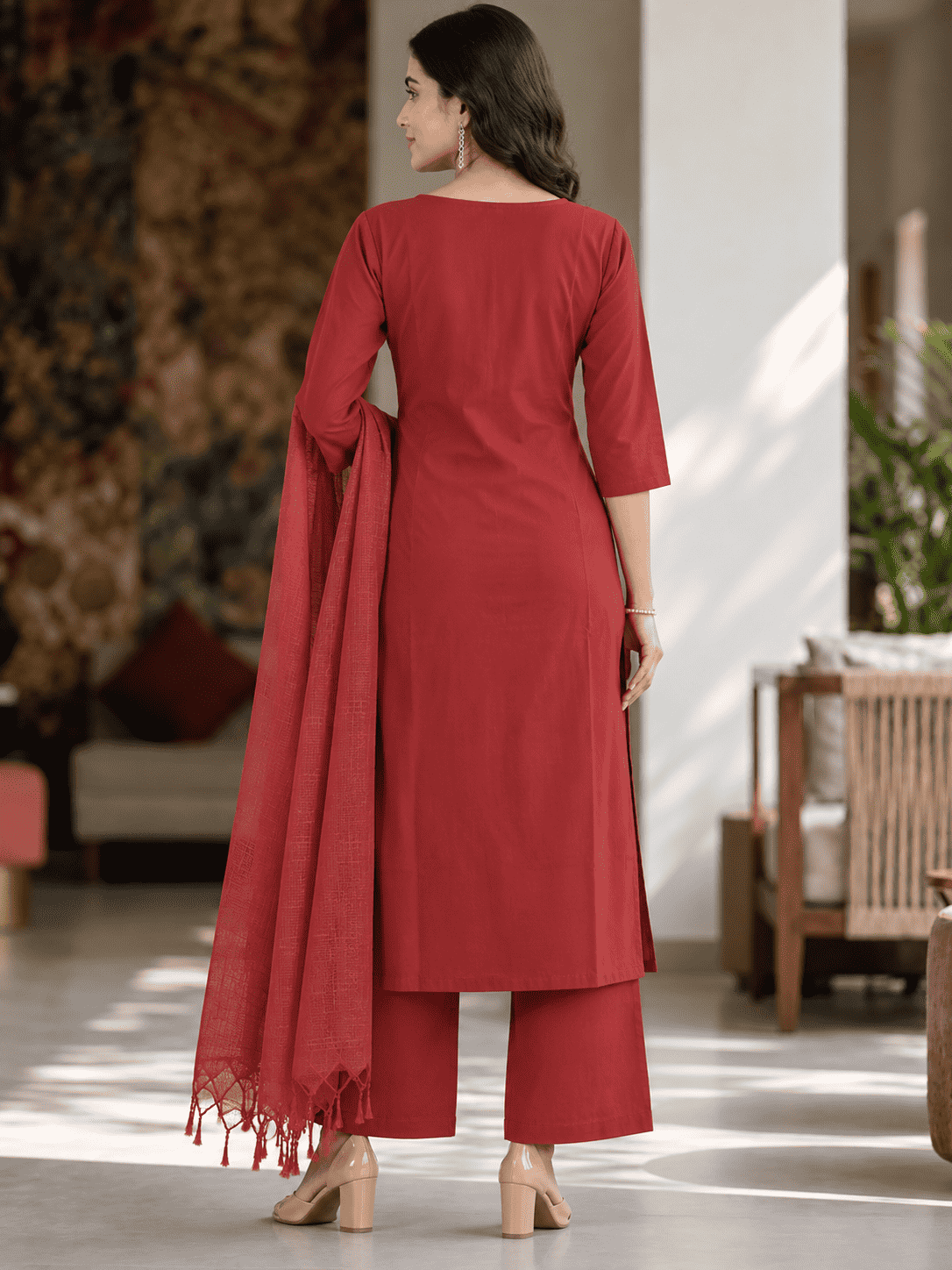 Maroon Embroidered Rayon Kurta Pant and Dupatta