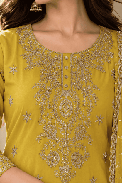 Yellow Silk Blend Embroidered Kurta and Palazzo with Dupatta